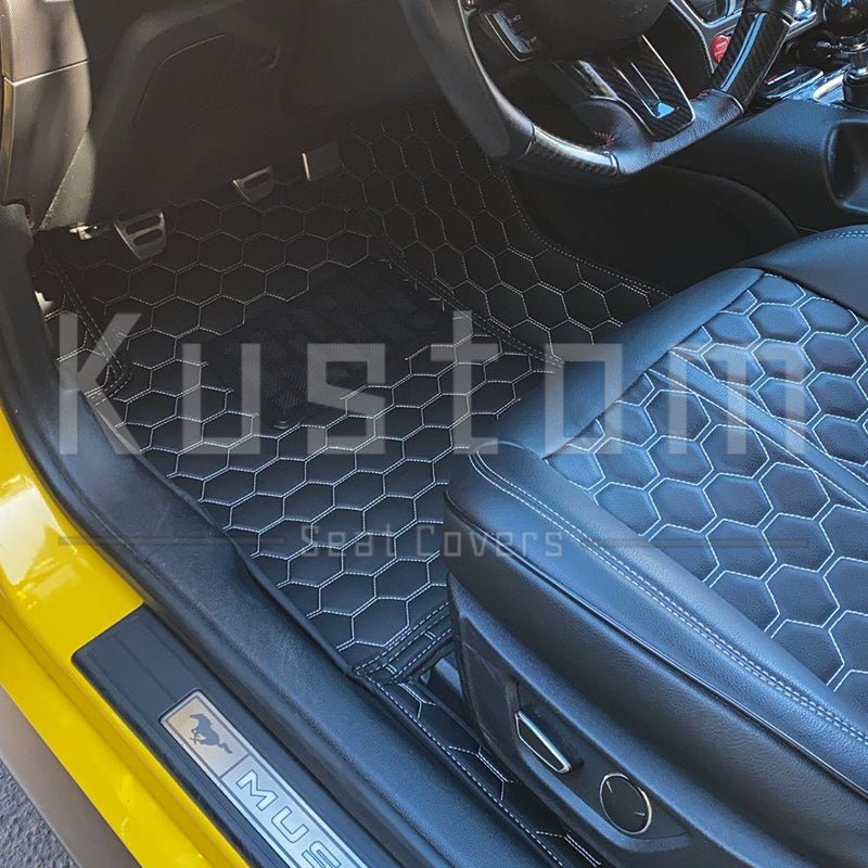 2015-up-ford-mustang-custom-honeycomb-leather-floor-mat-linersBlack W/ Red Stitching